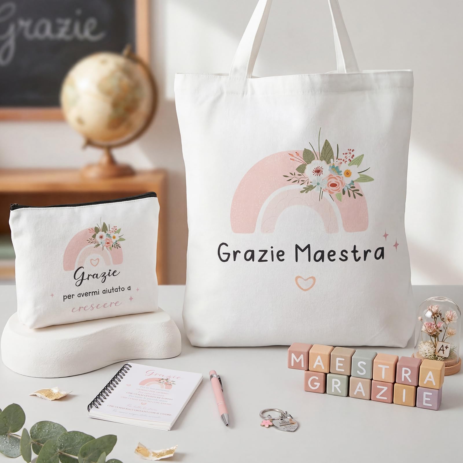 Hestya 5 Pezzi Regalo Maestre Fine Anno Grazie Maestra Borsa Tote per Insegnanti Borsa Comestic Portachiavi Penna a Sfera Taccuini Tascabili Regali Ringraziamento per Insegnante Laurea Compleanno