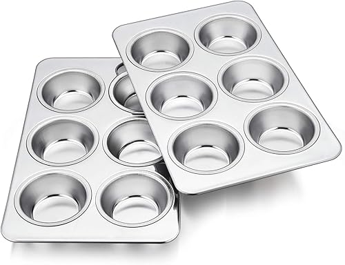 TeamFar Juego de 2 moldes para magdalenas de acero inoxidable de 6 tazas para hornear, para hacer pasteles, pan de maíz y más, saludable y no