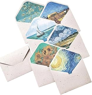 moin moin ミニ 封筒 アート 名画 12枚 セット ( 6種×各2枚 ) 9.8cm × 7.8cm ゴッホ ひまわり 星月夜 上質 メッセージ カード グリーディングカード 名刺 ショップカード ミニレター チケット おしゃれ 徳用 大量 2601me438