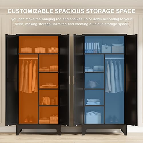Vista 4 de Armario de metal de 71 pulgadas de alto con estantes ajustables y barra para colgar, armario de almacenamiento de oficina de 2 puertas para el Negro