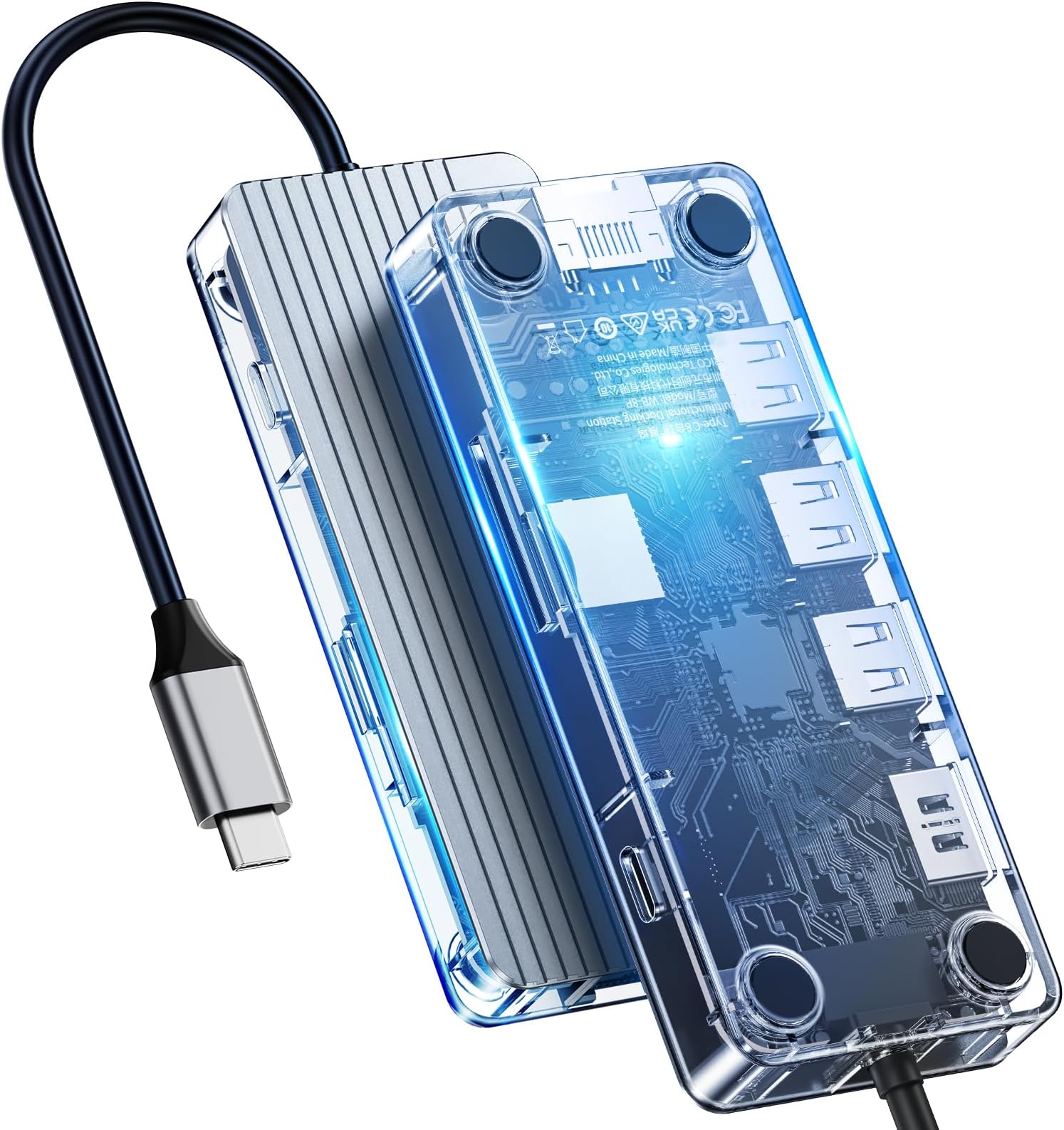 ORICO USB C Docking Station, 8 in 1 Type C Transparent Dock with 3*USB3.0 Type-A Port(5Gbps), 4KHDMI,RJ45(1000Mpbs),TF&SD, Type-C PD100W,Gray