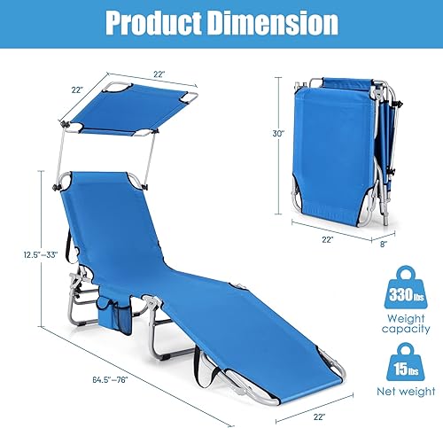 Miniatura 3 de GYMAX Silla plegable de playa tumbona con asa de transporte y bolsillo cuna ajustable de 5 niveles con sombra giratoria plegable portátil para patio