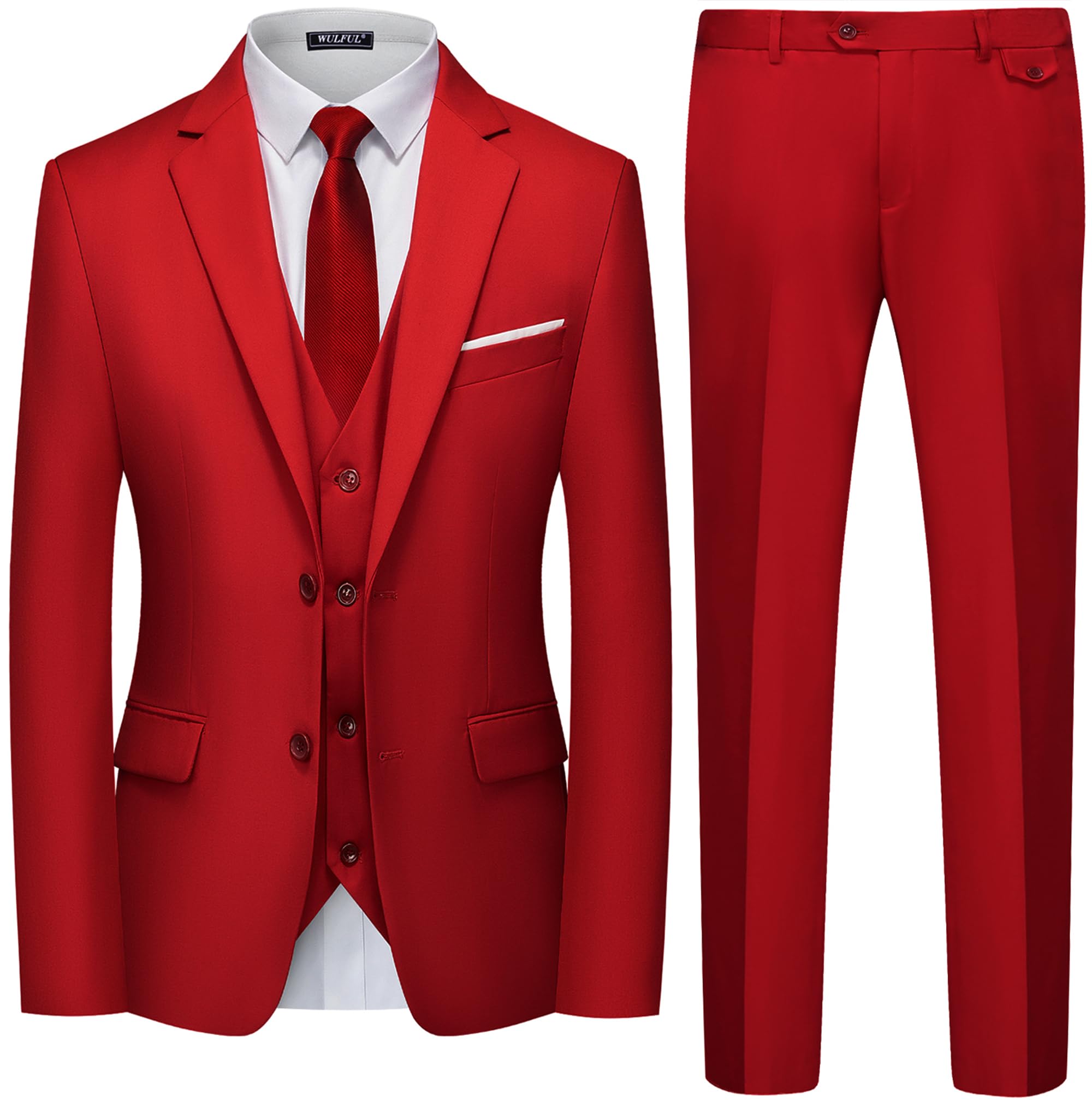 wulful Men's 3 Piece Slim Fit Suit Set Two Button Blazer Jacket Vest Pants Tuxedo Set for Party, Wedding and Business, Wine Red, XX-Large-picture-25