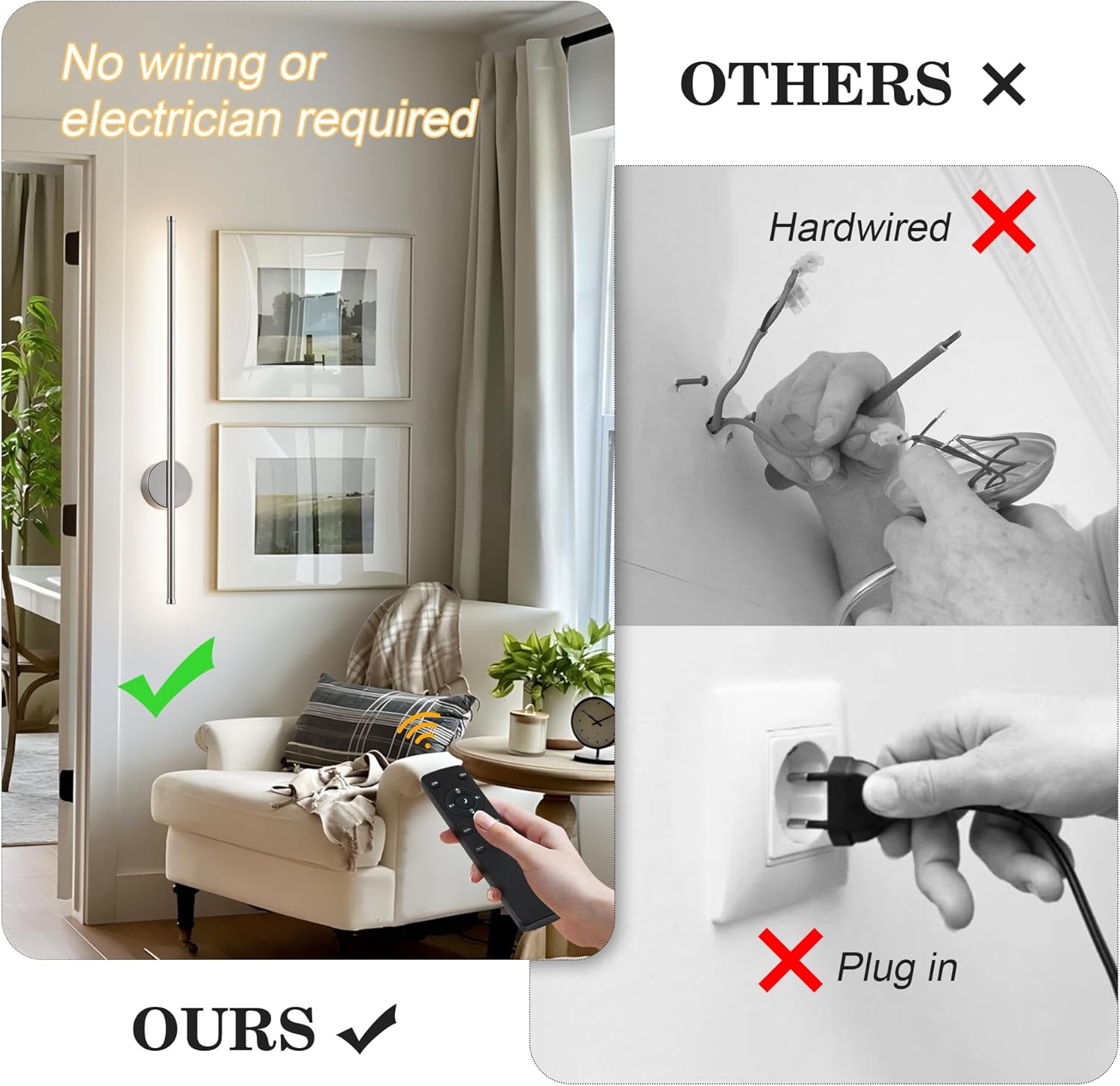 Battery Operated Modern Wall Sconces, Dimmable Wireless Wall Light Set of Two with Remote Control, 3 Color Temperatures, Rechargeable LED Wall Sconce for Bedroom, Living Room,Hallway, 27.6 Inch Nickel Nickel 27.6 Inch