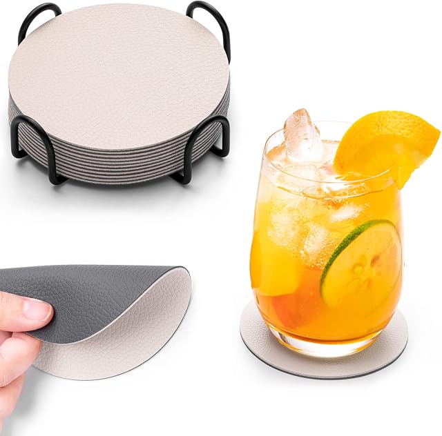 Chitomars Coasters,Leather Coasters Set of 12 for Drinks Outdoor Coasters with Holder Mug Coaster Non Slip Anti-Heat Cup Mats for Coffee Beer Mug Wine Glass Bottle Home and Bar (Round, Grey White)