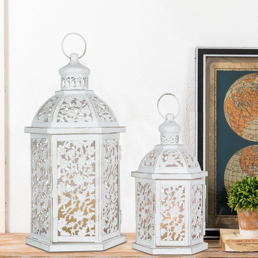 Lanterns Decorative Outdoor&Indoor, Set of 2 (15"&7") White Metal Lantern Decor, Candle Holder for Porch, Patio, Christmas, Balcony, Wedding, Table Centerpiece