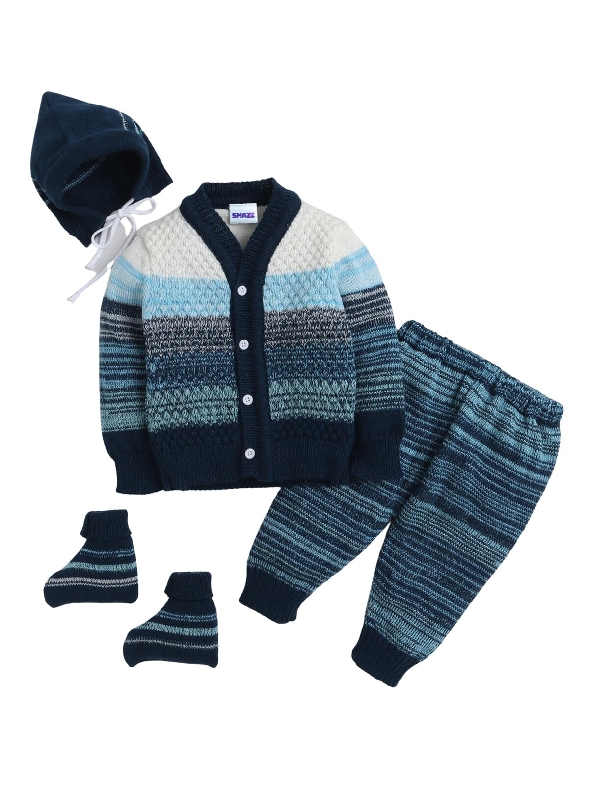smazz Baby Sweater Set - 4 Pcs Woollen Full Sleeves V-Neck Textured Striped Sweater, Pants, Cap & Socks for 0 to 12 Months (Navy & Blue)-picture-48