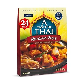 A Taste of Thai Red Curry Paste Authentic & Natural Ready-to-Use Thai Curry Paste Vegan, GlutenFree & NonGMO Rich, Aromatic Flavor for Curries, StirFries, Soups & Dips - 1.75 oz Pack of 24