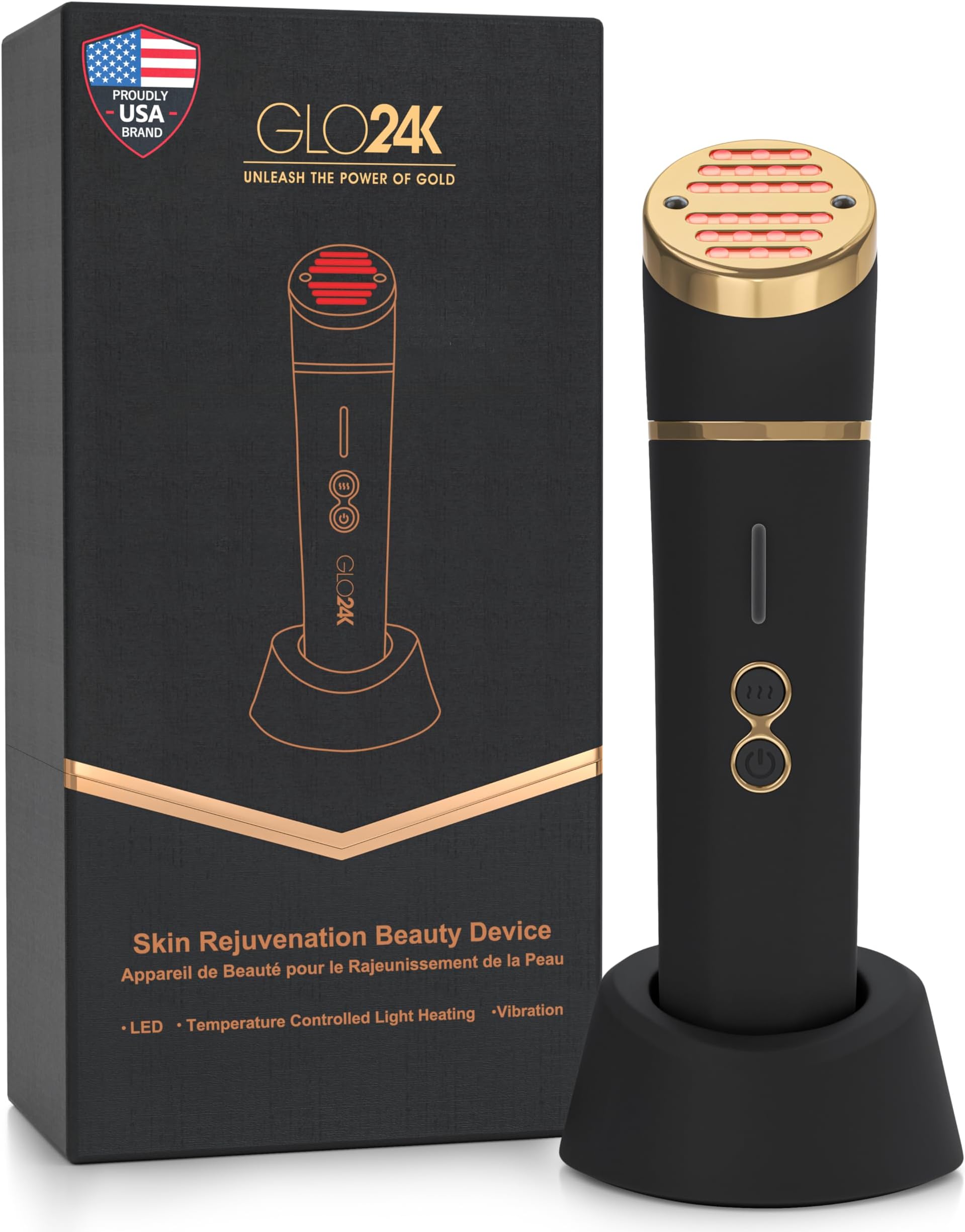GLO24K Beauty Device for The Face. Based on Triple Action L E D, Thermal, and Vibration Technologies.