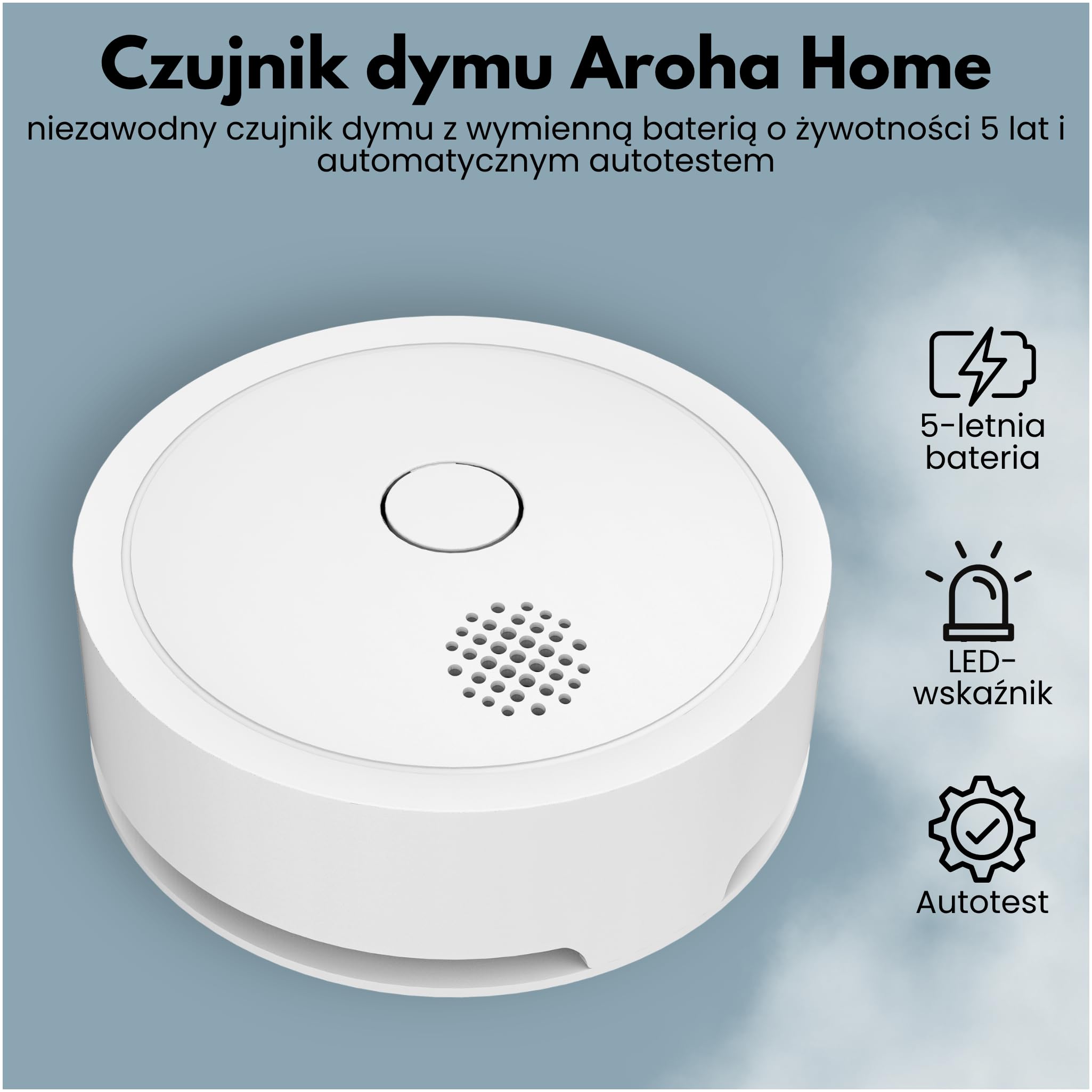 Czujnik dymu Aroha Home – alarm przeciwpożarowy – zgodny z technologią Matter over Thread, Google Home, Home Assistant