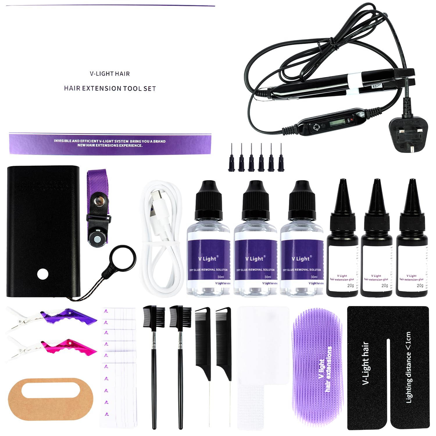 V Light Hair Extensions Kit - UV Light Connector, Glue *3, 2 Packs Hair Extension Film, 2 Combs, 2 Clips