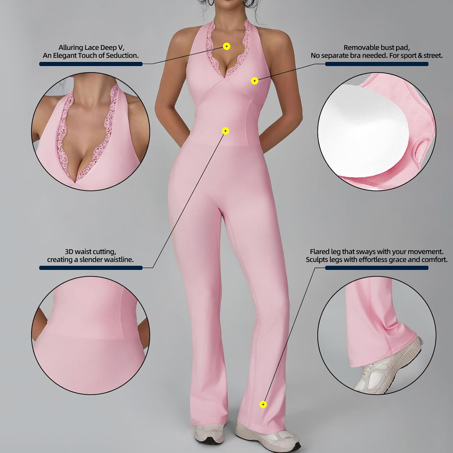 Women Workout Scrunch Flare Jumpsuits Lace Deep V Hanging Neck Halter Backless Butt Lift Gym Yoga Jumpsuits - Image 4