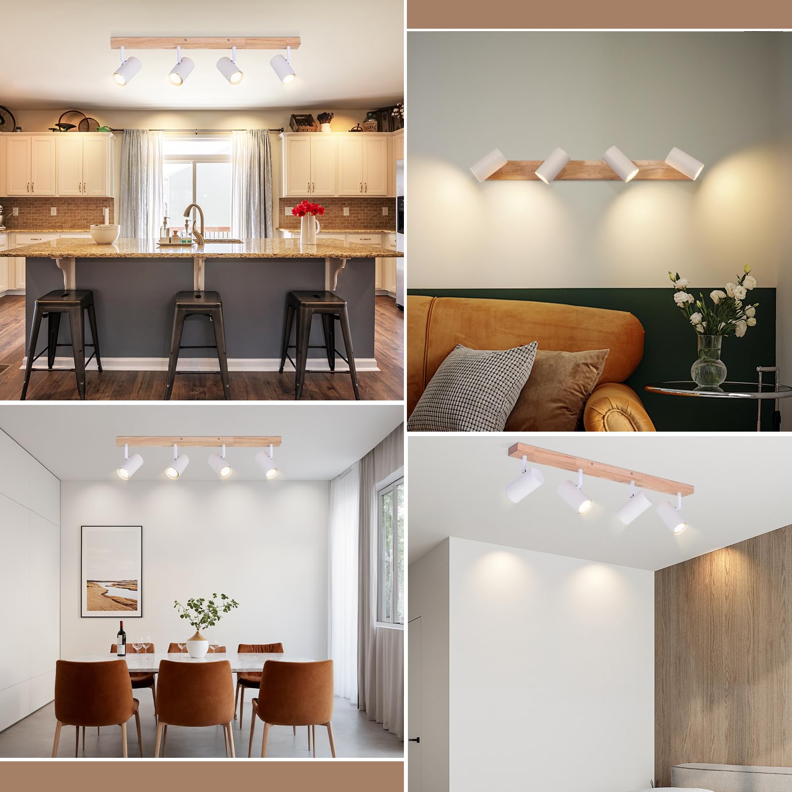 Glitzerlife Lampa Sufitowa 4 Płomień Światło Sufitowe Drewno Sufitowa | Przedpokój Biały Metal Nowoczesne Gniazdo Obrotowy Spot Sufitowy 350° Salonu Sypialnia Kuchnia z 6x 4.8 W GU10 żarówki