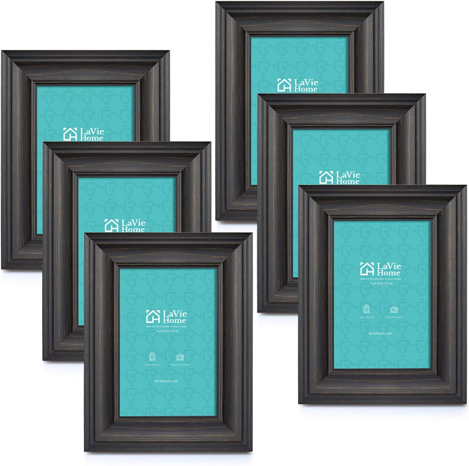 LaVie Home 4x6 Picture Frames (6 Pack, Black Wood Grain) Rustic Photo Frame Set with High Definition Glass for Wall Mount & Table Top Display