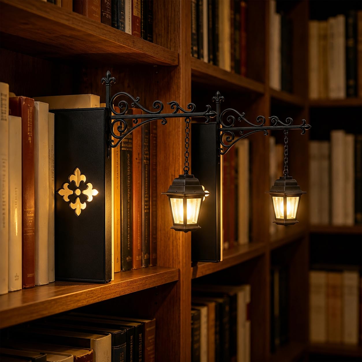 Library Lantern-Decorative Bookshelf Lighting, Reading Nook LED Nightlight, Metal Bookcase Lamps, Vintage Table Desk Luminaires, Studious Home Room Ornament (2Pcs Streetlight) — image 1