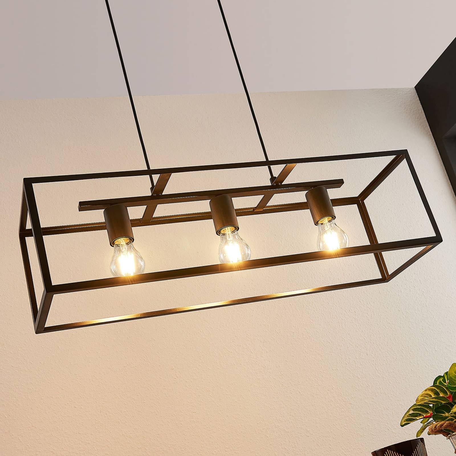 Lindby Lampadario a Sospensione Nero, Lampada Gabbia Nera Metallo Industrial Vintage Cucina Sala da Pranzo Ristorante 3 Luci E27 Plafoniera Led Soffitto Moderna Acciaio