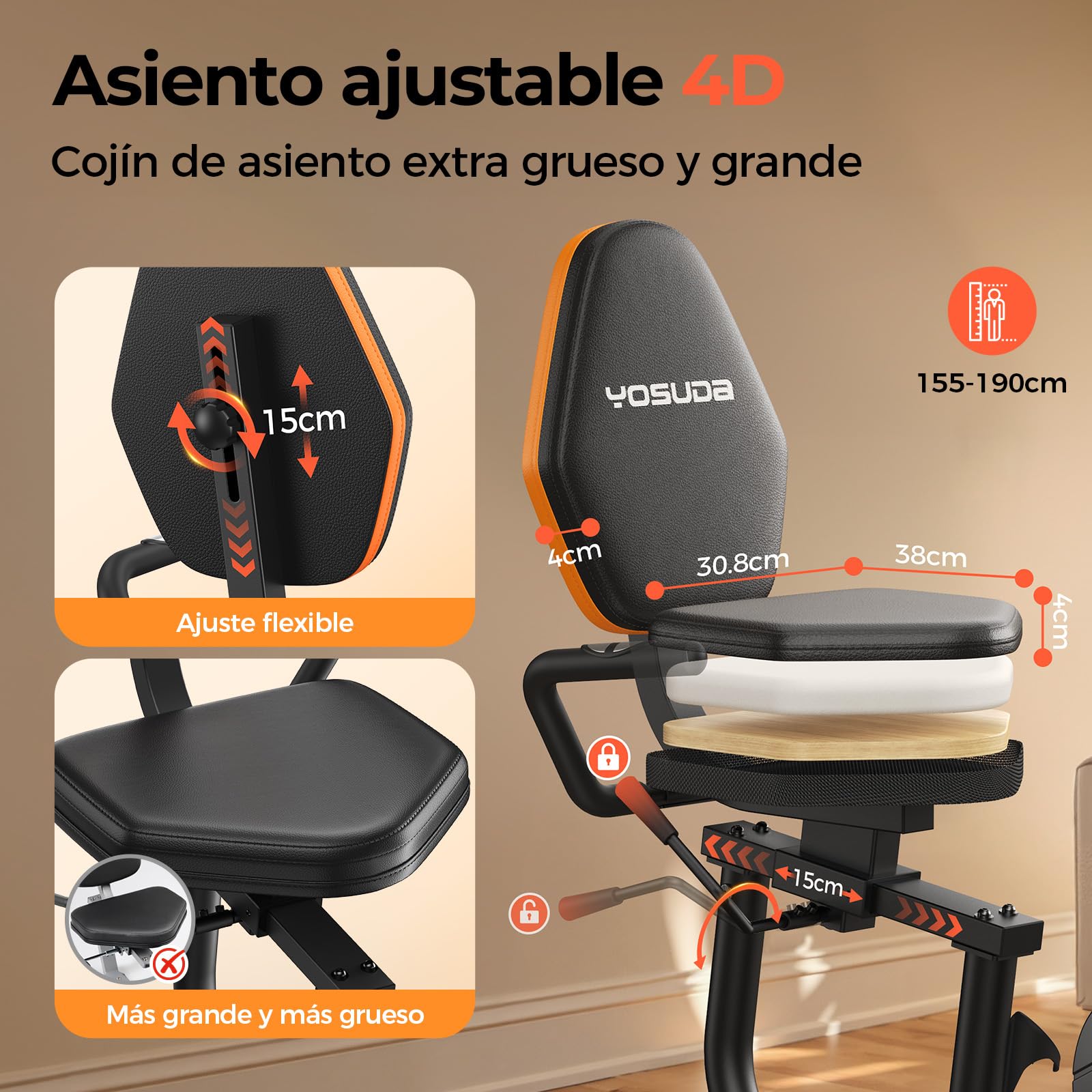YOSUDA Bicicleta Estática Reclinada Doméstica – 16 Niveles Resistencia Magnética, Silenciosa, Asiento Ajustable, Montaje Fácil, Pantalla LCD, Sensores Pulso, Hasta 160kg, Bici estatica con respaldo