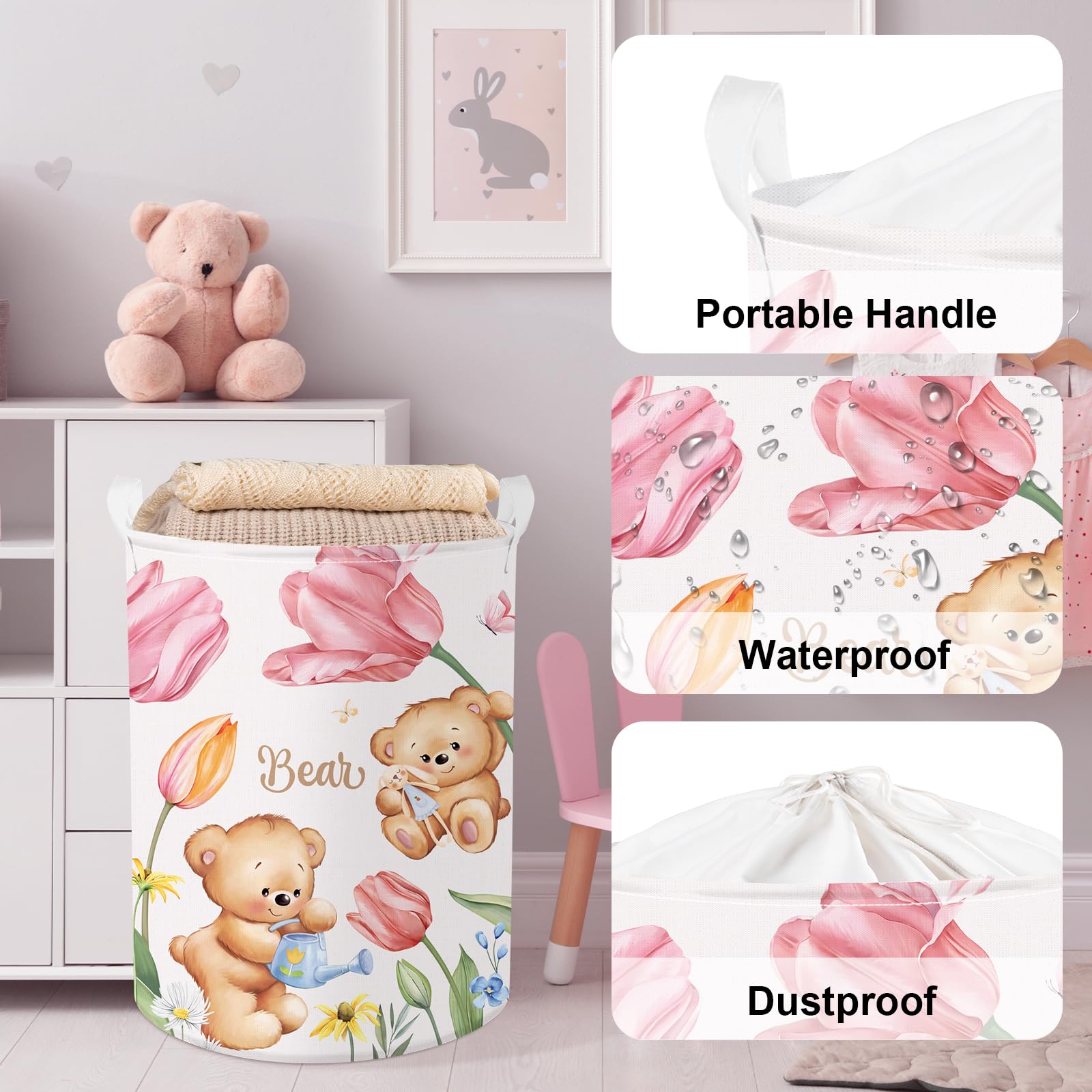 Clastyle Ceste Biancheria Orso Fiore Tulipano Rosa Cestino Portaoggetti Giocattoli Tondo Pieghevole per Camera dei Bambini, Orso tulipano, 36x45 cm