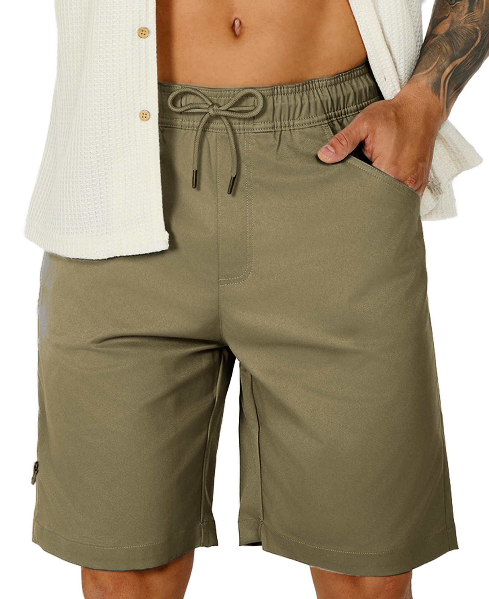 Susclude Mens Shorts Casual 9" Elastic Waist Drawstring Shorts for Men Summer Beach Sweat Shorts with Zipper Pocket