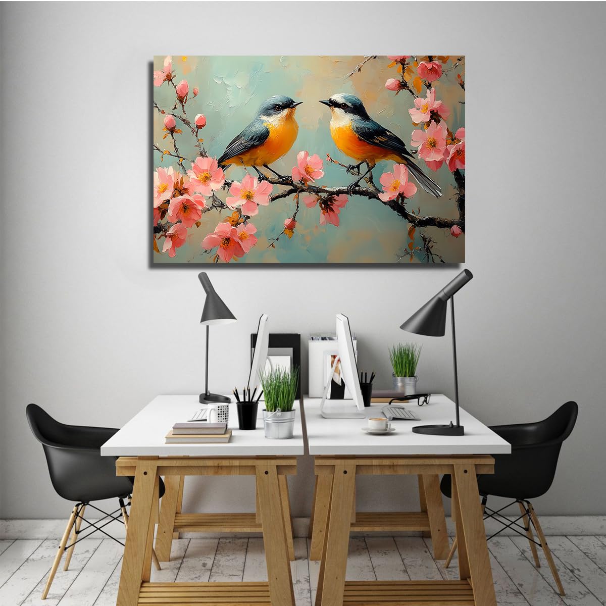 CHERHERART Oiseaux Branche de cerisier Toile Art mural Impressionniste Affiche printemps-été pour salon Tirages romantiques sur toile campagnards 70x110cm Sans cadre