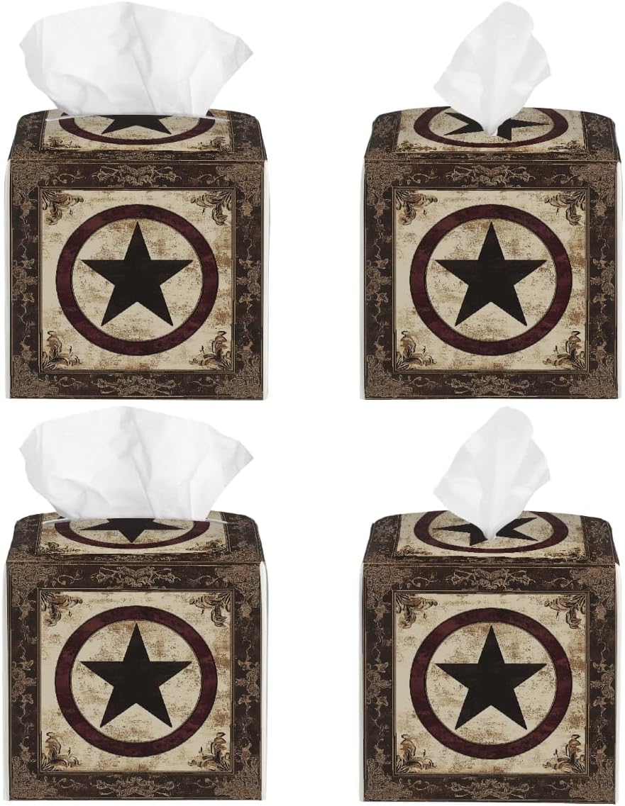 Tissue Box Cover PU Leather Square Tissues Holder Texas Western Rustic Brown Star Decorative Facial Paper Organizer Dispenser for Bedroom Bathroom Vanity,Home Office Car image 2