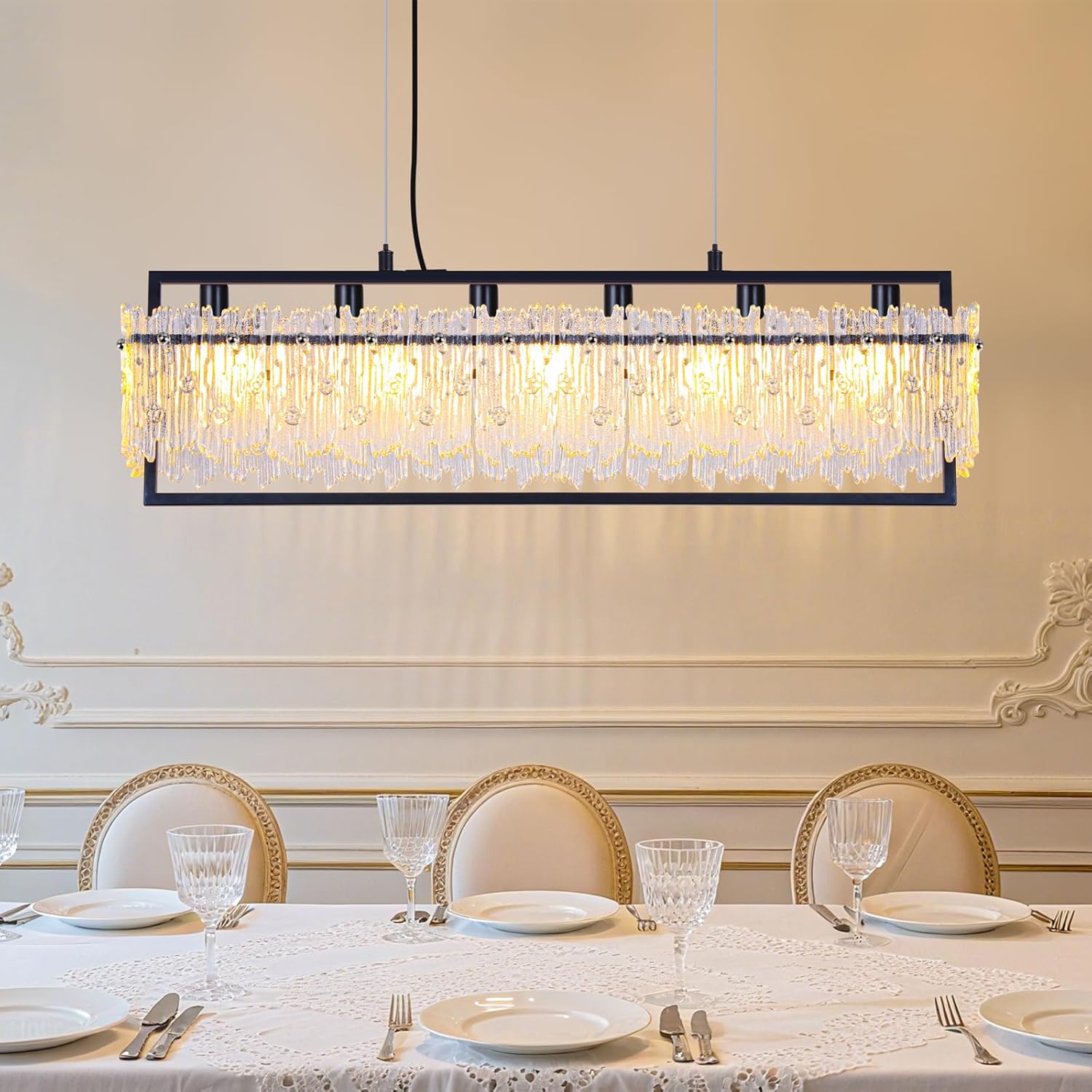 MantoLite Luxe Dining Room Light Fixture Farmhouse Crystal Chandeliers for Dining Room 32" Matte Black Rectangle Design 6-Light Banquet Pendant Light E12 3000K-6000K Compact for