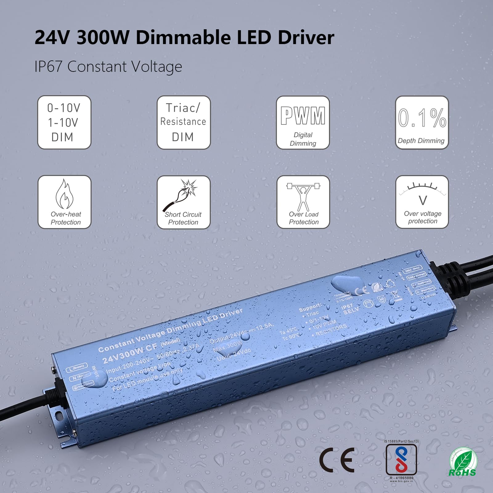 BENLUN Alimentatore LED Esterno Impermeabile 24V 12,5A 300W, Dimmer 5-in-1 | Trasformatore LED Dimmerabile IP67, AC 200V-240V a DC 24V Power Supply a Tensione Costante per Striscia LED