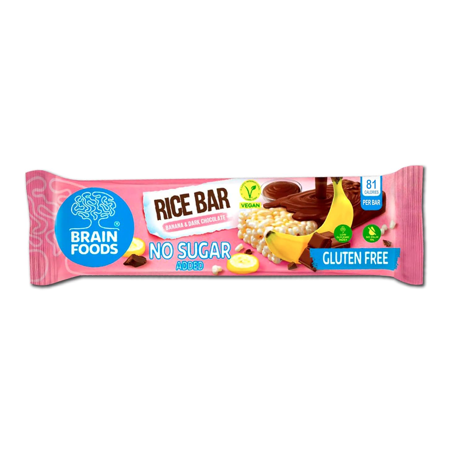 BRAIN FOODS Rice Bar - Gluten Free, Vegan, No Sugar Added, No Palm Oil, .63 oz, 81 Calories, (12, Banana & Dark Chocolate)