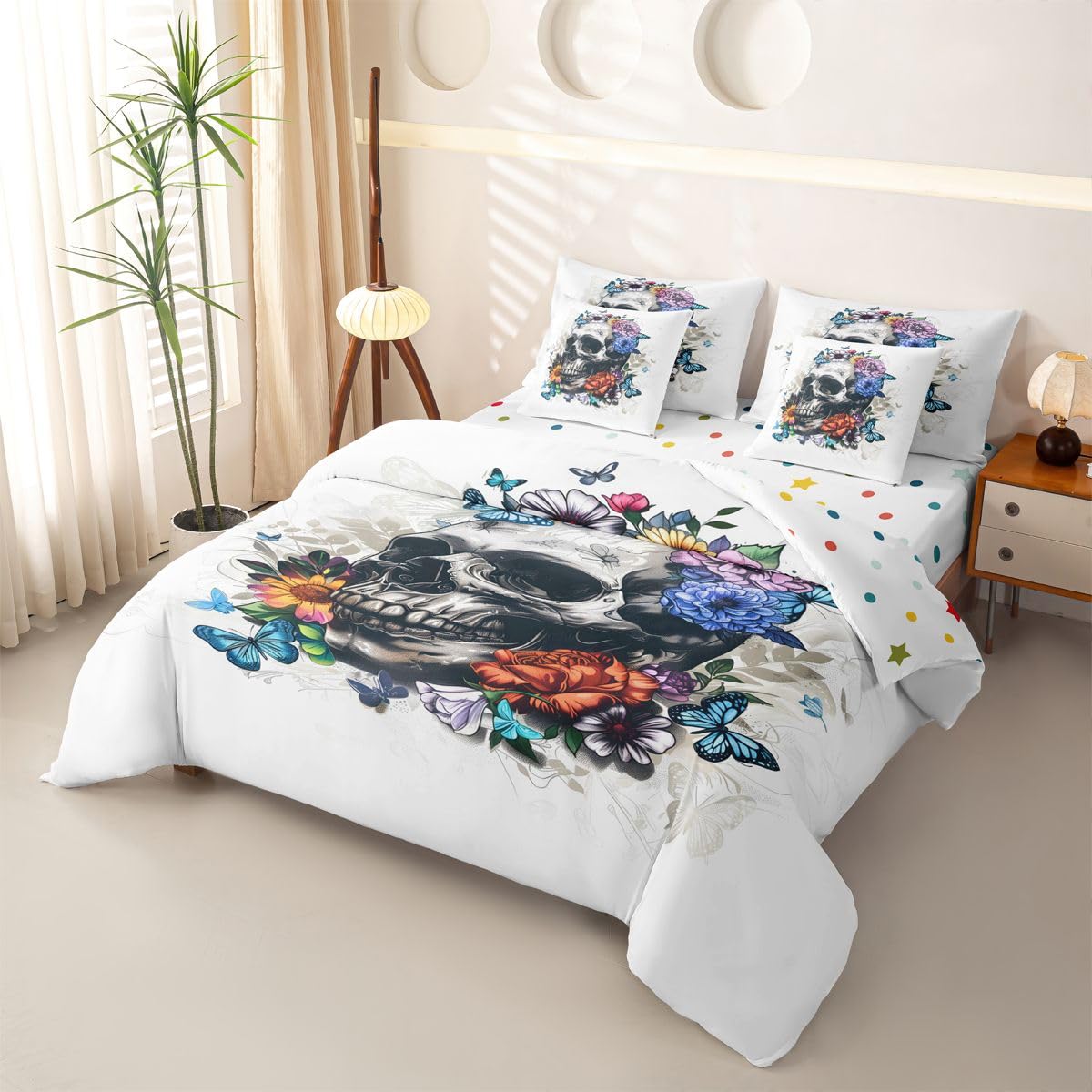 Loussiesd Set di biancheria da letto con copripiumino con lenzuola, 7 pezzi, per letto singolo, motivo: teschio, per bambini, ragazzi, ragazze, Halloween, teschio, decorazione per camera da letto