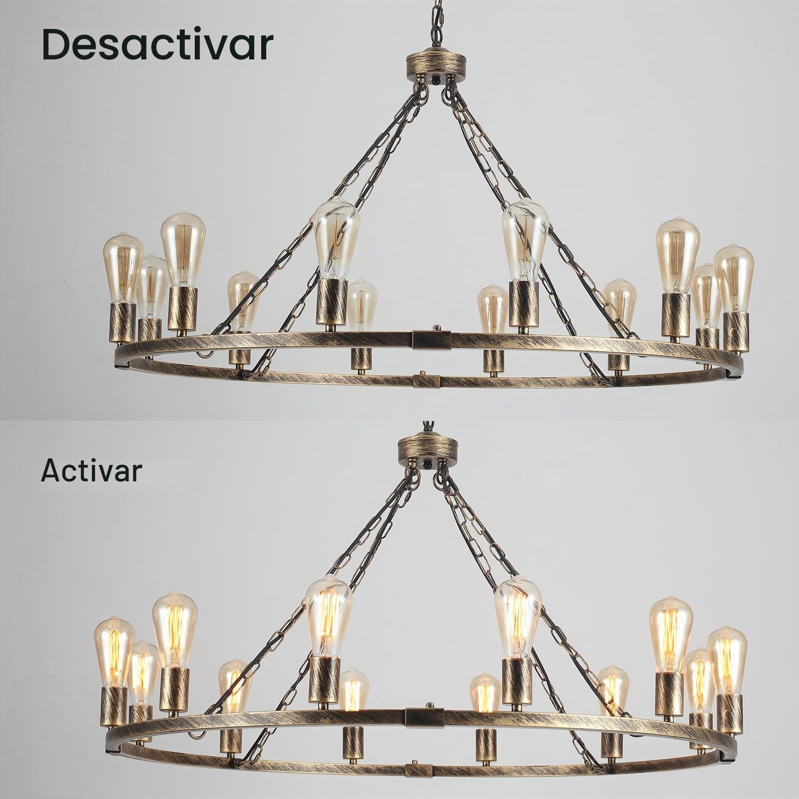 Eoodis Lámpara de Araña de 12 Luces Estilo Rústico Campestre, Lámpara Colgante en Forma de Rueda de Carro, Altura Ajustable, para Comedor, Cocina, Sala de Estar, Dormitorio (Dorado, 100 cm)