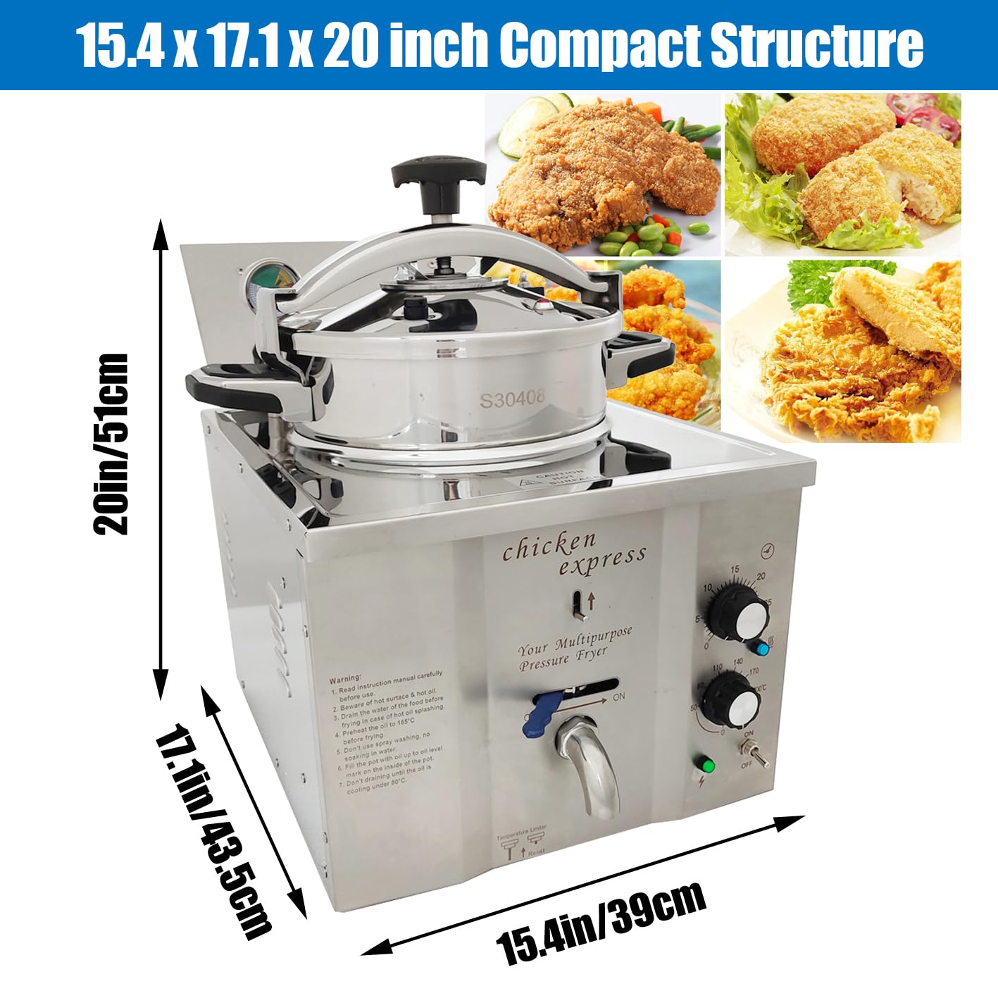 EQCOTWEA 16L Electric Countertop Pressure Fryer, Stainless Steel High Pressure Fried Chicken Stove, Commercial Deep Fryer with Timer, Ideal for Fried Chicken, Snack Bars, Restaurants 110V 2400W