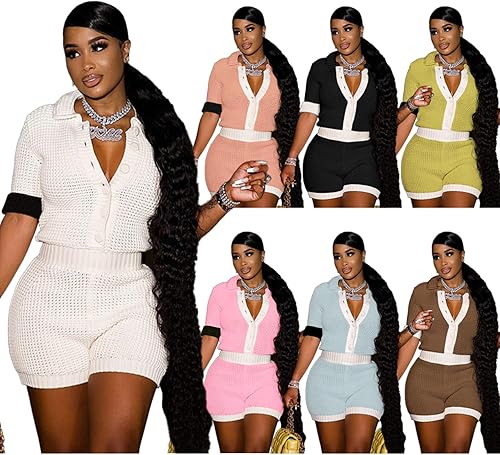 Miniatura 6 de ThusFar Conjunto sexy de 2 piezas para mujer, conjunto de camisa y pantalones cortos de punto Y2K con botones y bloques de color, ropa de playa
