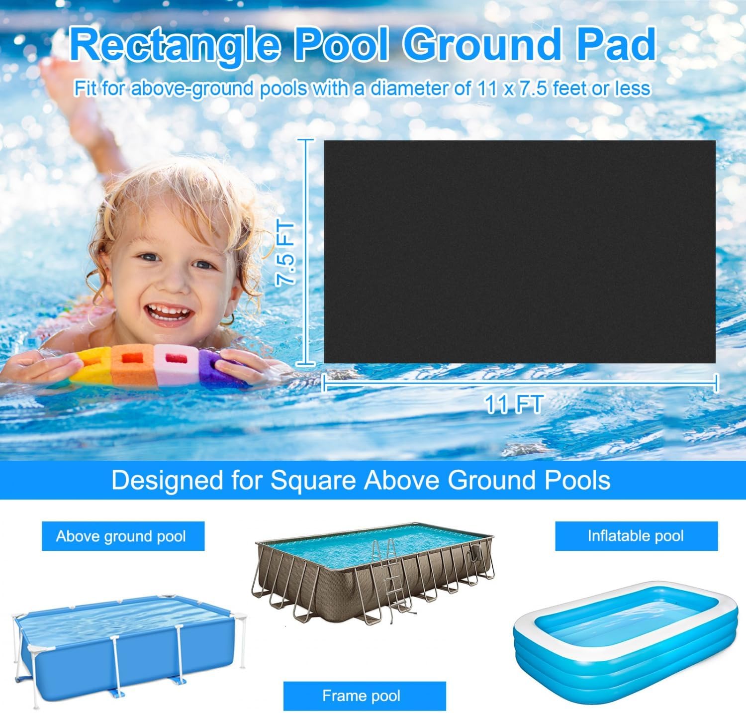 11 x 7.5 FT Pool Pad for Above Ground Pools, Rectangular Pool Liner Pad Under Pool Mat for Above Ground Pools, Heavy Duty Pools Ground Pad to Prevent Puncture and Extend Liner Life