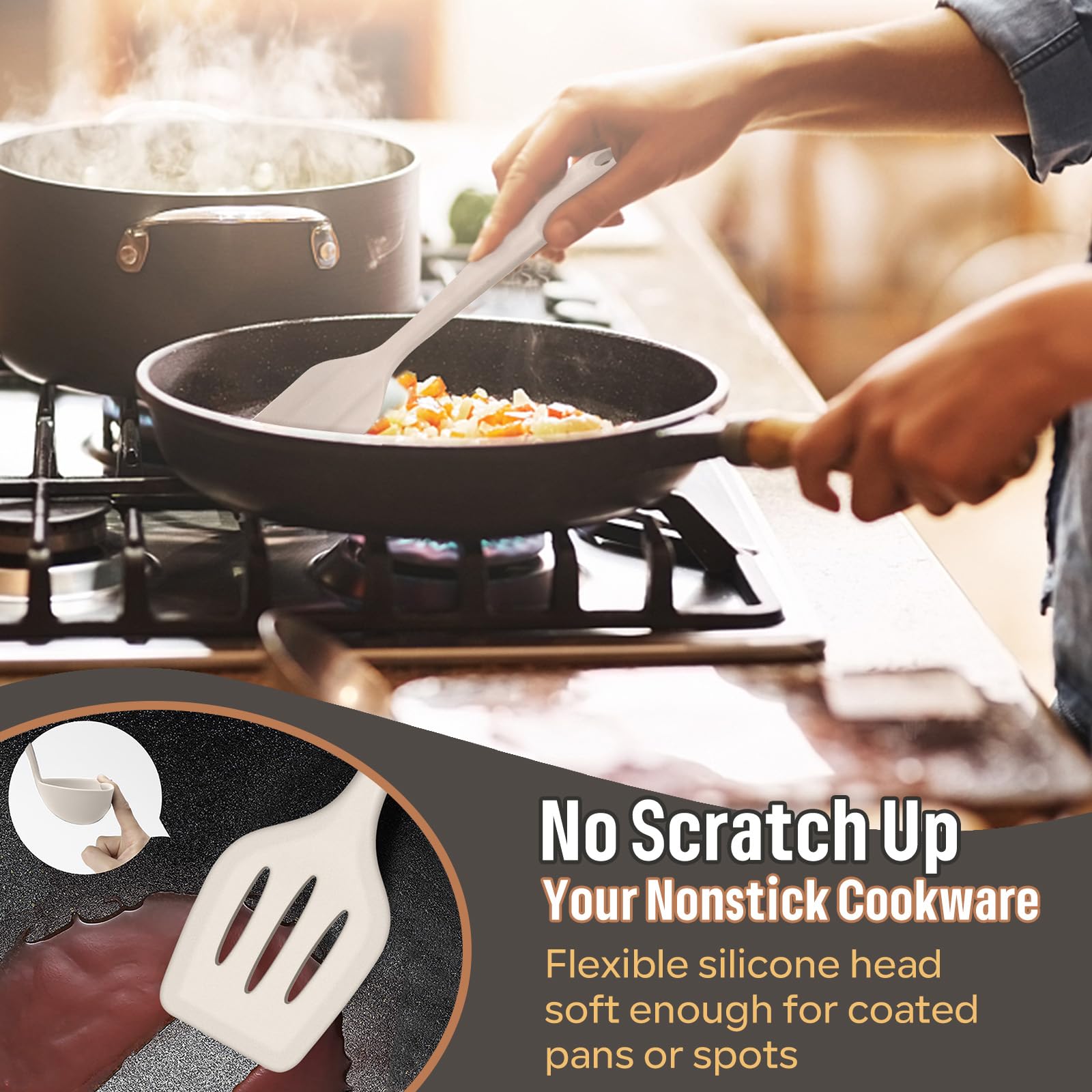 E-far Juego de utensilios de cocina de silicona, 7 piezas, caqui