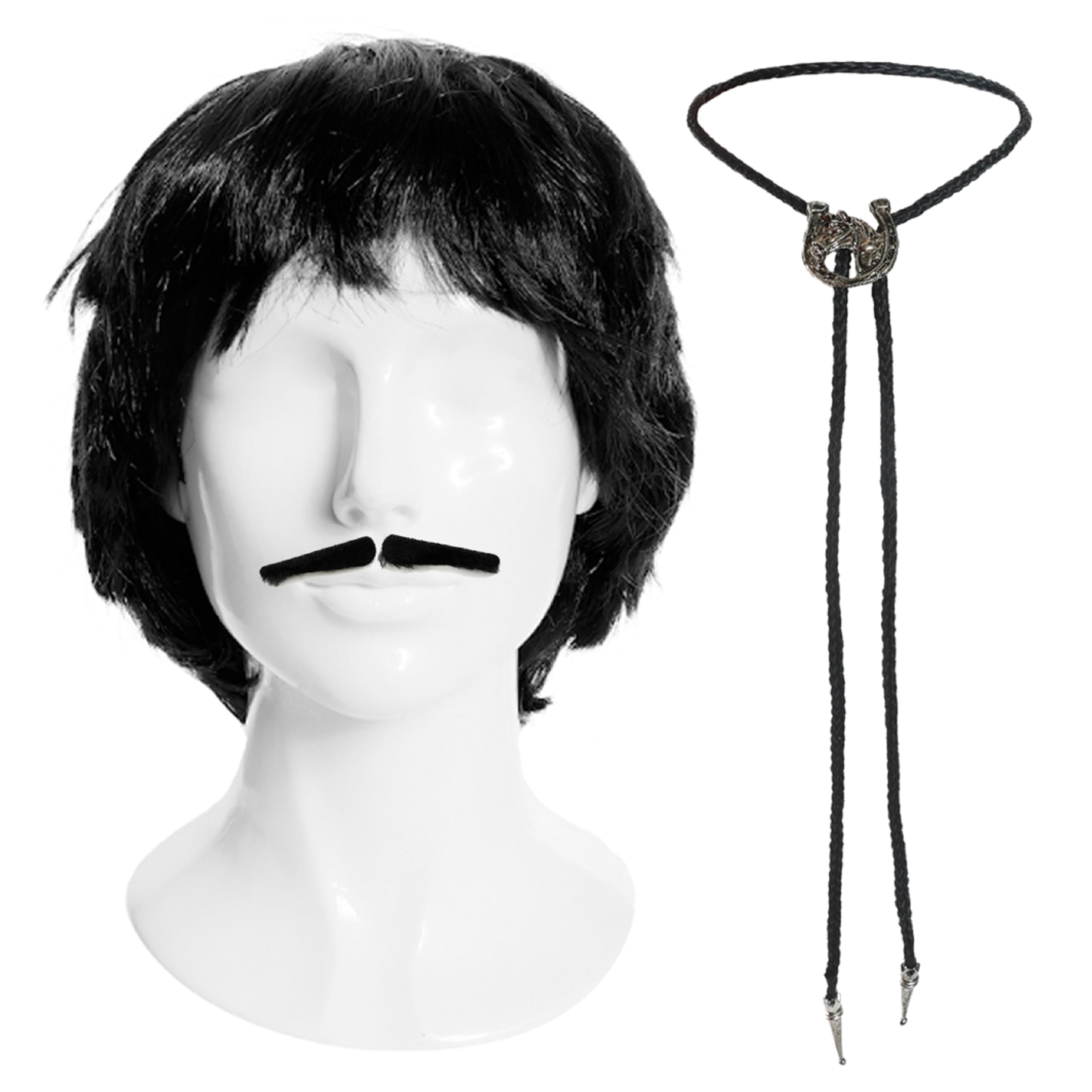 I LOVE FANCY DRESS Pedro Set for Adults – Includes Black Wig, Spiv Moustache and Bootlace Tie - Great for Halloween, Cosplay, 2000s Parties, or Retro Movie Nights