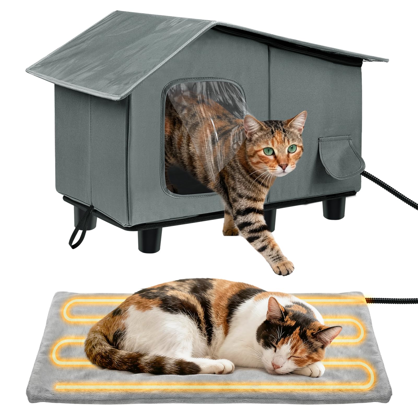 Elevated Heated Cat House for Outdoor - Weatherproof Feral Cat Shelters for Winter with Escape Door, 100% Waterproof PVC Roof Insulated Pet House for 1-2 Cats, Gray