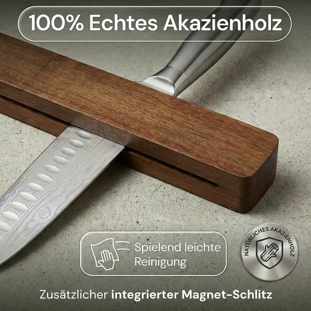Magnetleiste Messer (41cm) aus echtem Akazienholz – Messerhalter magnetisch für schwere Messer, selbstklebend oder Schrauben – Magnet Messerhalter mit integriertem Schlitz & 3 Gewürzdosen