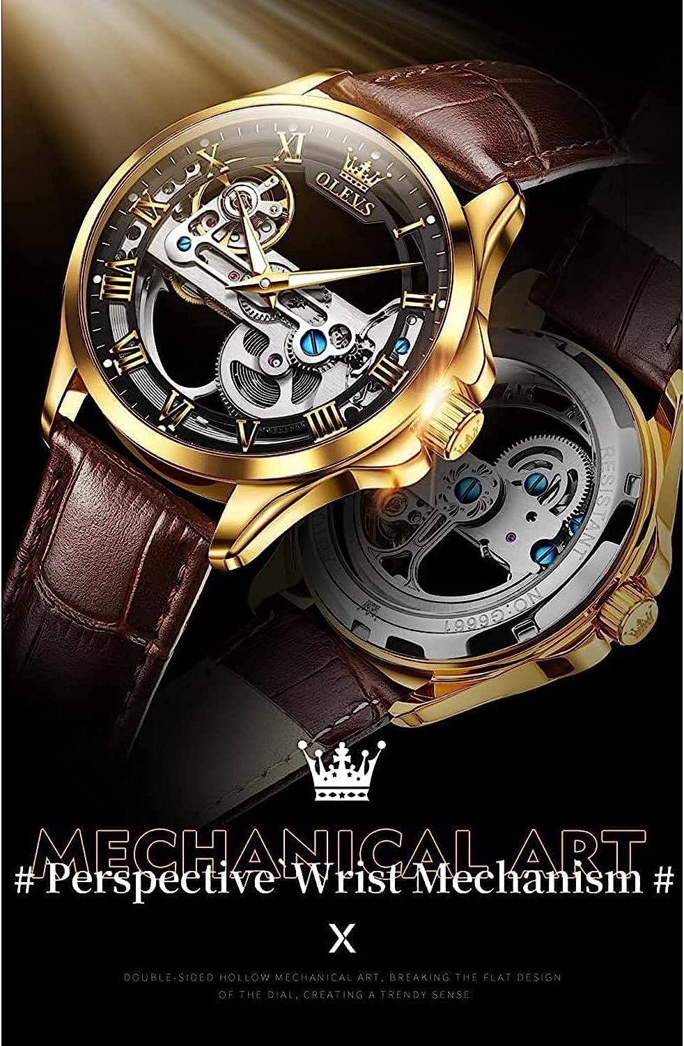 OLEVS Skeleton Watches for Men Automatic Self Winding Mechanical Luxury Dress Leather Waterproof Luminous Men Wrist Watch - Image 6