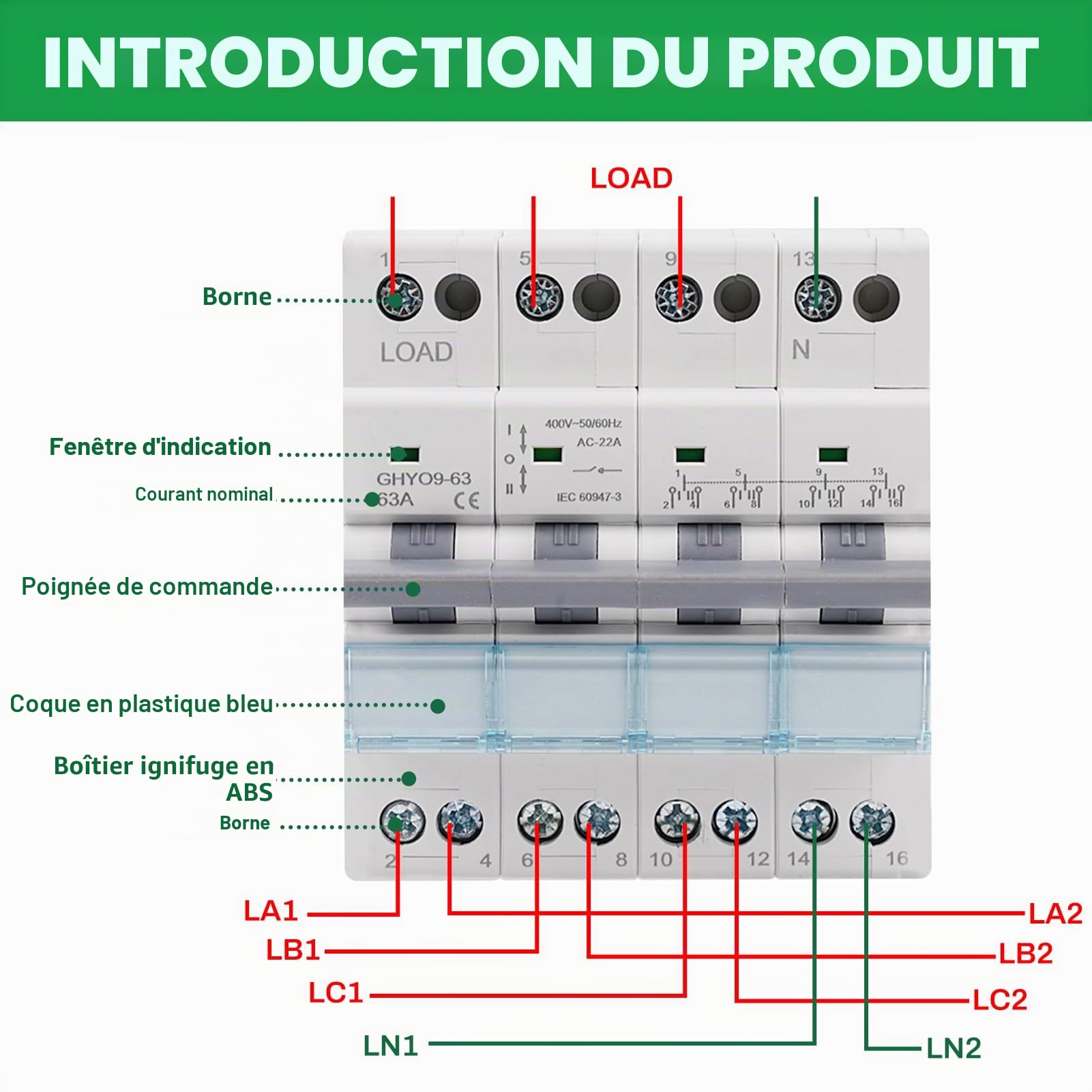 Commutateur de Transfert 4P 63A Inverseur de Source Manuel 400V AC Sectionneur Manuel Dual Power Rail DIN Commutateur Manuel