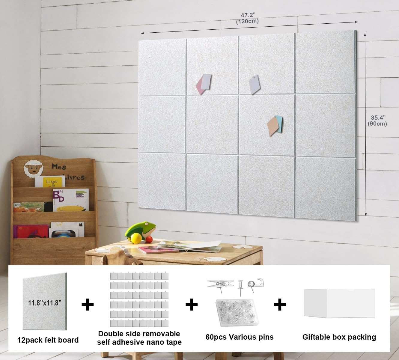 Felt Wall Tiles Bulletin Board Large Cork Board Alternative 12 Pack 11.81”x11.81”x0.47” Felt Pin Board Tack Board with Safe Removable Adhesive Tabs for Home Office School 48x36(Light Camel)