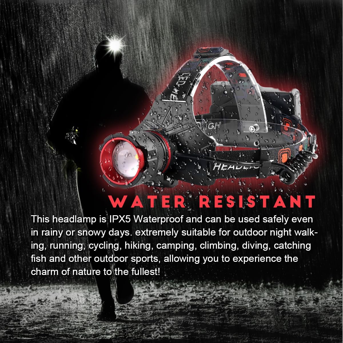 Rechargeable LED Headlamp, Super Bright 127000 Lumens, Adjustable, Waterproof, Black, 45 Hour Runtime, Ideal for Outdoor Hiking Camping