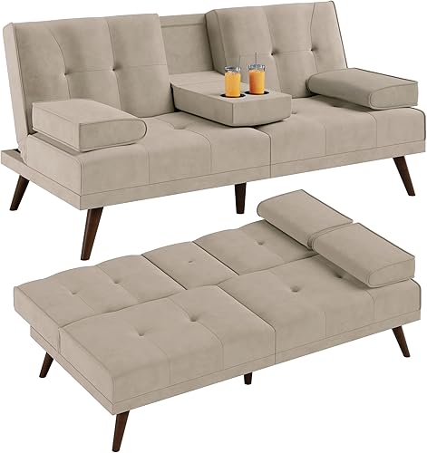 Shintenchi Sofá biplaza pequeño de 60 pulgadas, bonito sofá cama convertible 3 en 1, moderno futón reclinable con 2 portavasos, sofá plegable