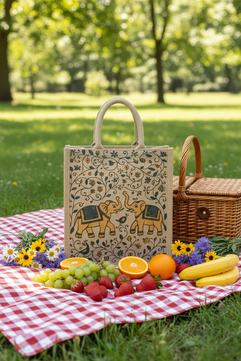 AVLUZ Natural Elephant Printed Jute Bags With Zipper Closure - 15 * 12 * 5 Inch (Pack Of 1) 2