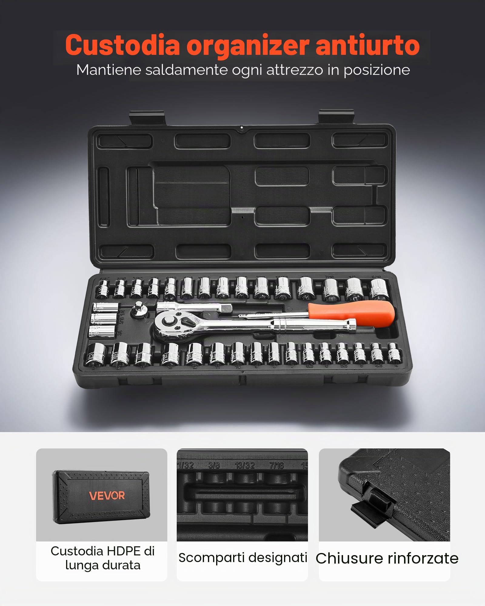 VEVOR Set di Bussole, 39 Pezzi, Set di Bussole e Cricchetti da 9,5 e 6,4 mm, SAE e Metriche, Utensili Meccanici con Chiave a Cricchetto, Custodia Accessori, Acciaio Legato CR-V, per Riparazioni Auto