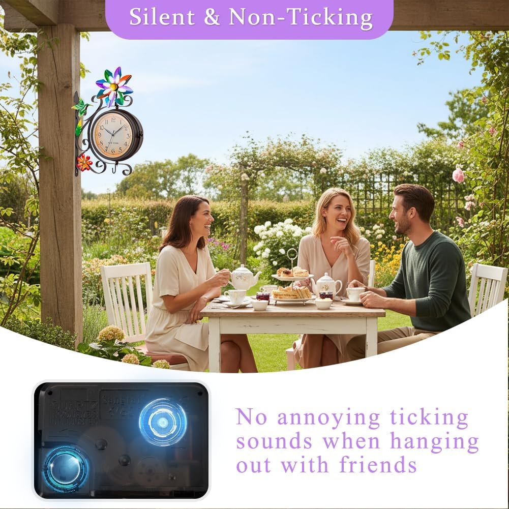 Vintage Indoor Outdoor Clock - Silent Non-Ticking, Double Sided Wall Clock with Windmill Decor Waterproof for Garden, Patio, Yard, Farmhouse, Home Décor (Colorful)