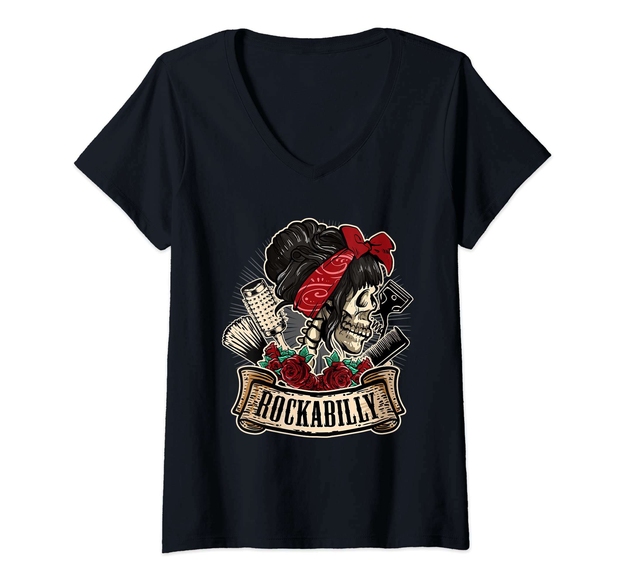 Rockabella And Rockabilly Gift StoreWomens Rockabilly Girl Skull Pin-Up Hairstylist Hairdresser V-Neck T-Shirt