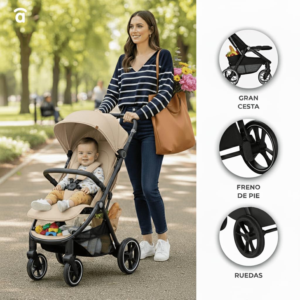 Asalvo KIBU Silla de Paseo, Carrito bebé, Carro para bebés, Confortable, Ultraligera, Segura, Capota con Ventana y Freno Trasero, Manejable, Plegado compacto, Carga Máxima 24 kg, Beige