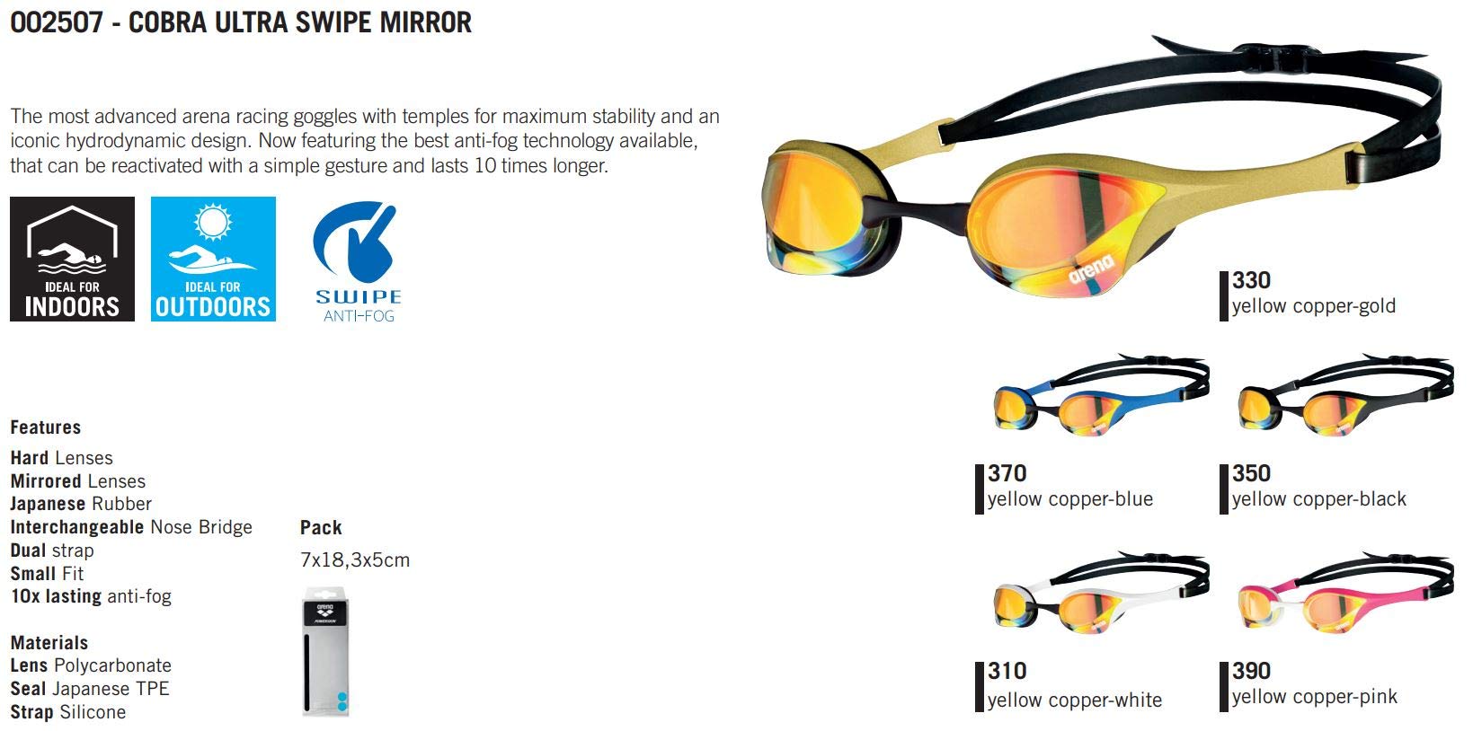 ARENA Cobra Ultra Swipe Mirror Unisex Race Schwimmbrille für Erwachsene, Taucherbrille mit Gebogenen Spiegelgläsern, Anti-Beschlag, UV-Schutz, 5 Austauschbare Nasenstege