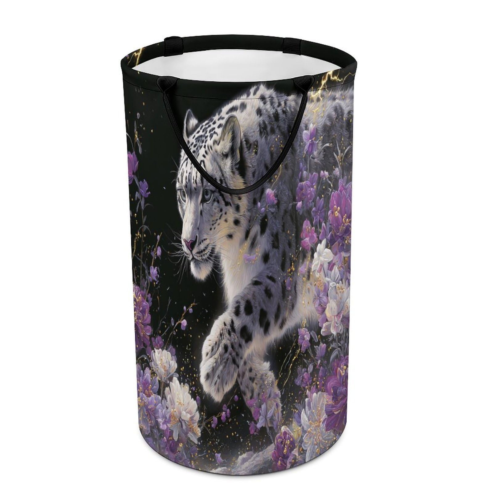 LUYYSKY Cool Realistic Snow Leopard Versatile Storage Laundry Basket, Vintage Abstract Animal Leopard Purple Lily Flowers Large Capacity Bathroom Hamper With Handle