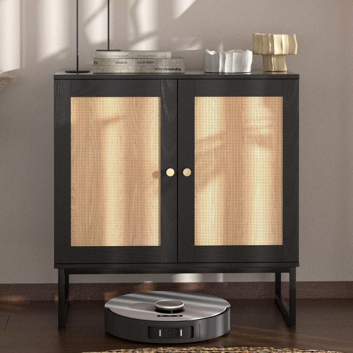 2-Door Rattan Storage Cabinet, Accent Furniture, Multifunctional Cupboard for Living Room, Hallway, Kitchen, Sideboard, Buffet Table W Non-Scratch Foot Pads (Black, 1PC)